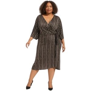CATHERINES Black & Tan Geo Print Faux Wrap Bust Midi Dress Womans Sz 5X Career
